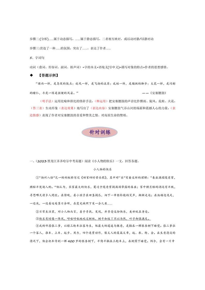 [语文]2024年中考语文三轮现代文阅读冲刺练习（全国通用）专项四 词句赏析（原卷版解析版）03