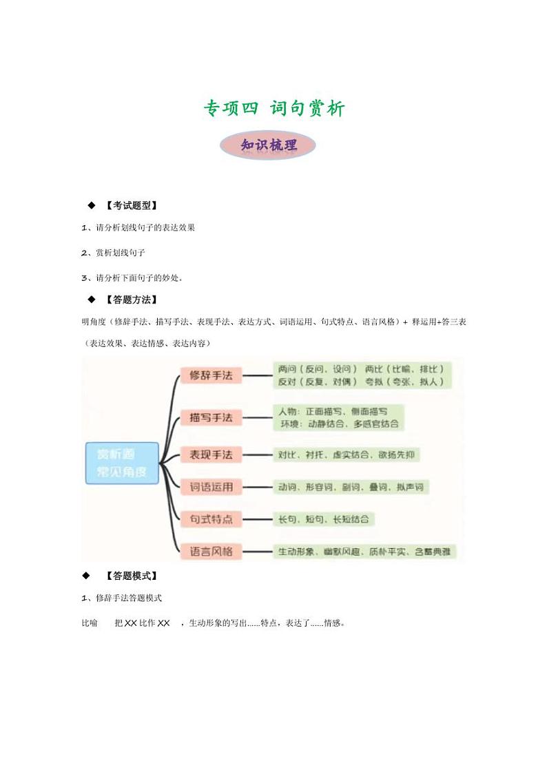 [语文]2024年中考语文三轮现代文阅读冲刺练习（全国通用）专项四 词句赏析（原卷版解析版）01