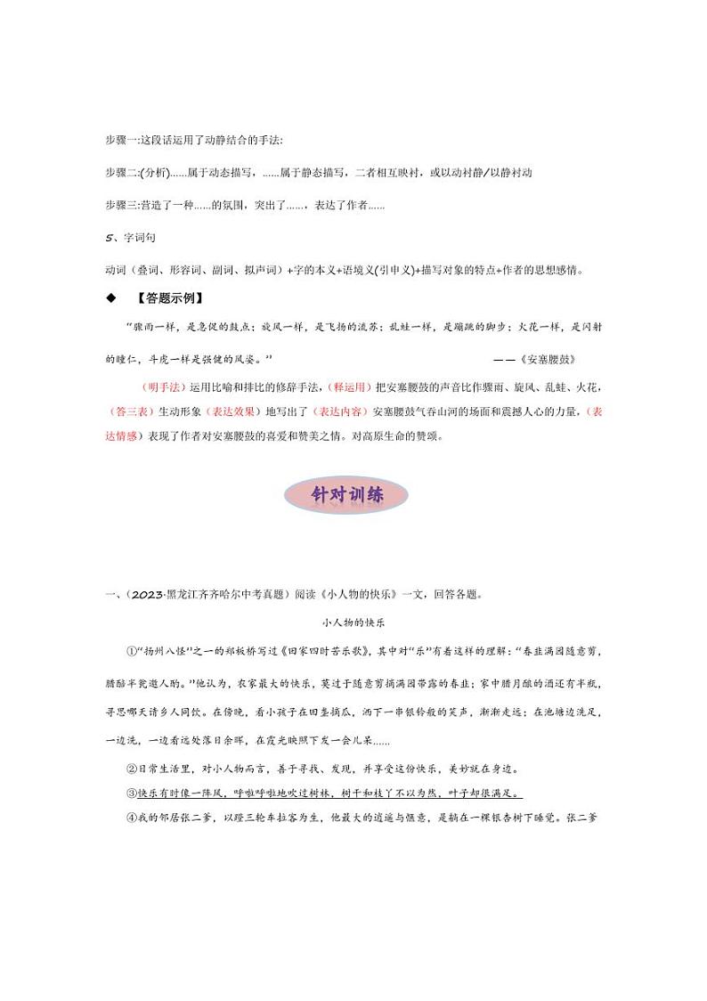 [语文]2024年中考语文三轮现代文阅读冲刺练习（全国通用）专项四 词句赏析（原卷版解析版）03