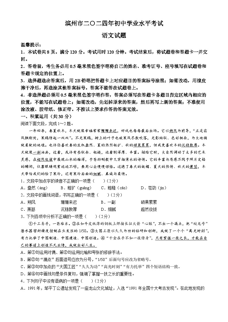 2024年山东省滨州市中考语文试题(无答案)01