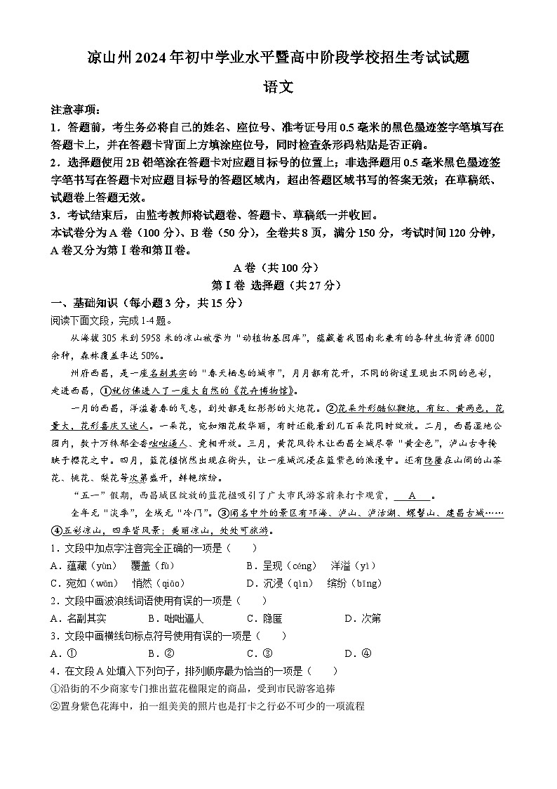 2024年四川省凉山州中考语文真题(无答案)01