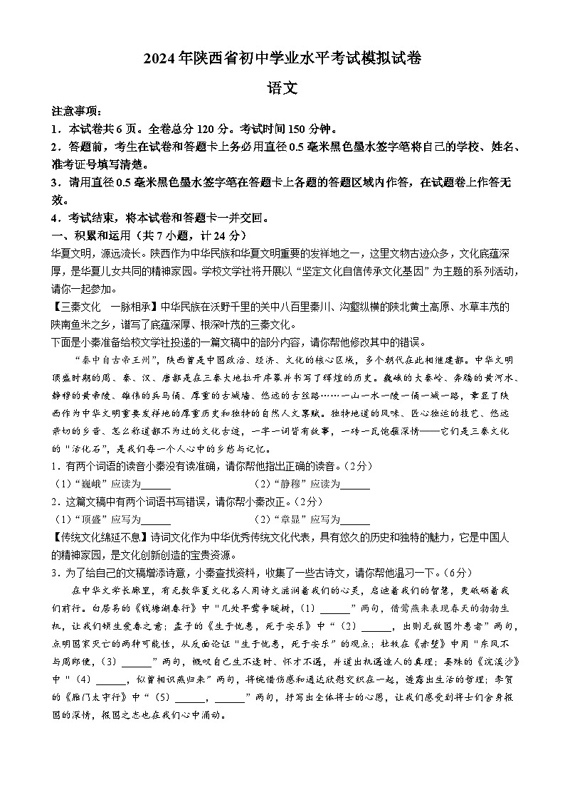 2024年陕西省渭南市某地区中考模拟语文试题01