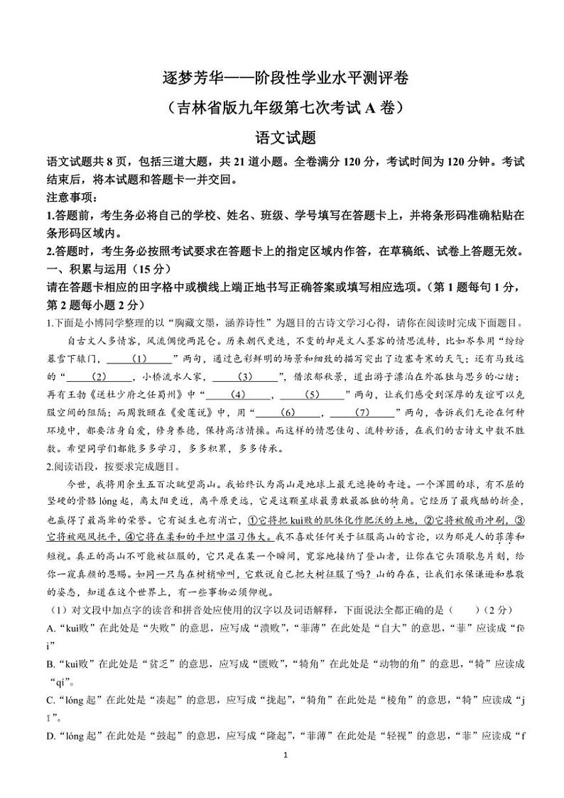 [语文]2024年吉林省松原市长岭县中考模拟语文试题（含答案）01