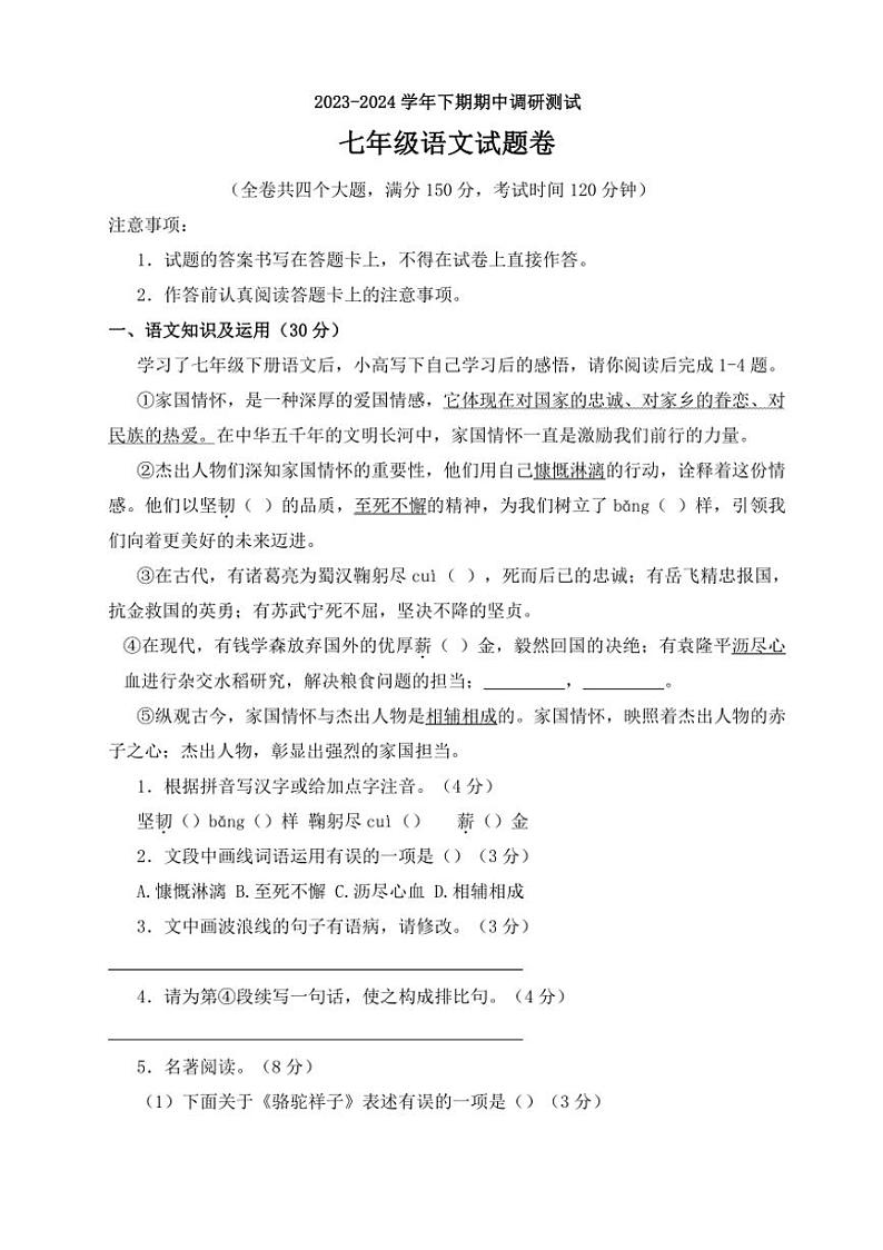 [语文]重庆市重庆市沙坪坝区2023～2024学年七年级下学期期中语文试题01