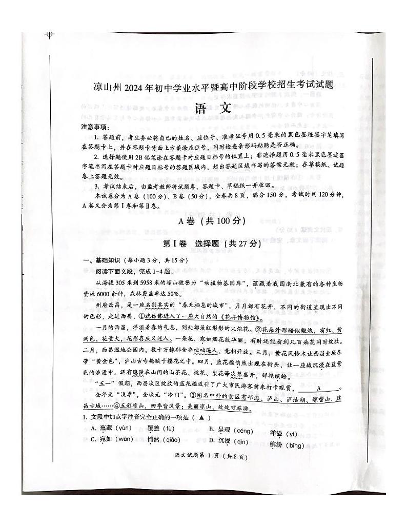 2024年中考真题：四川省凉山州语文试题01