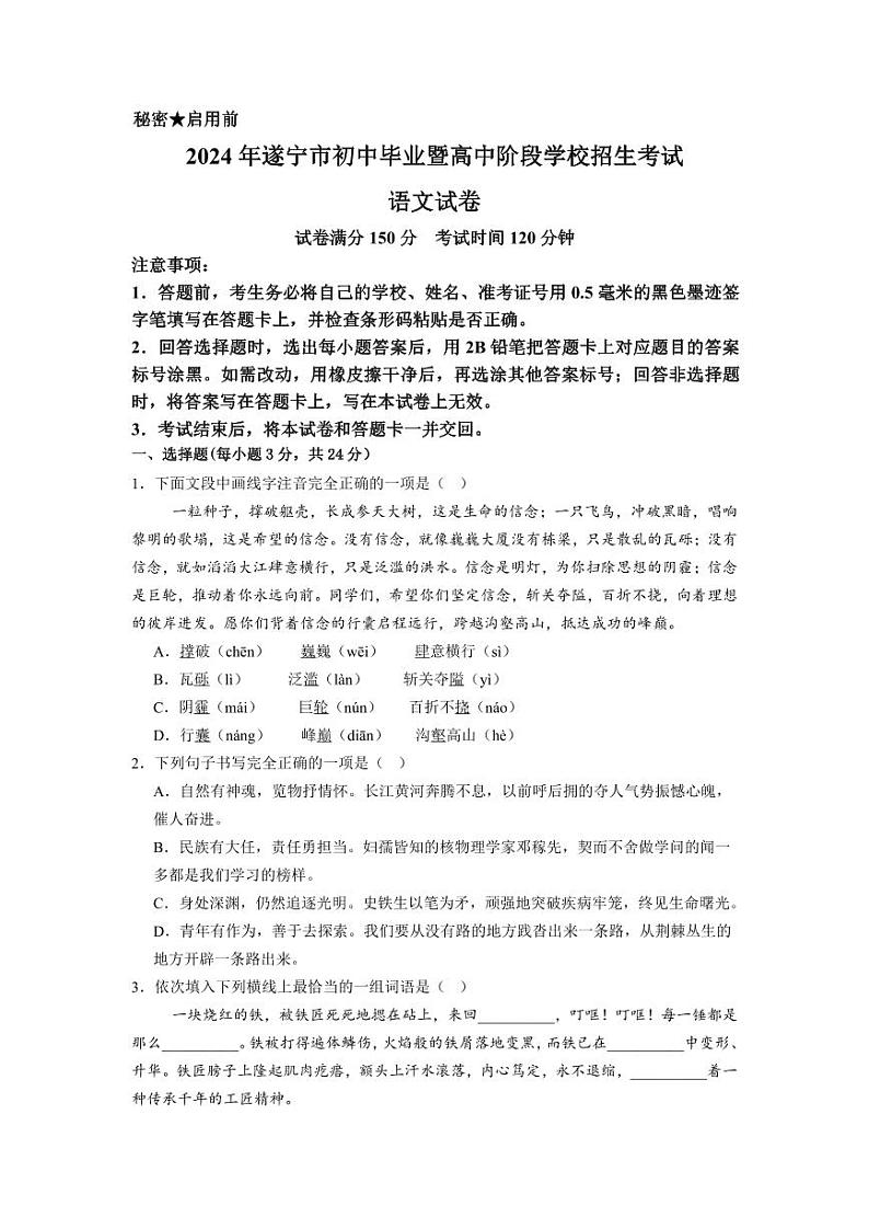 2024年中考真题：四川省遂宁市语文试题01