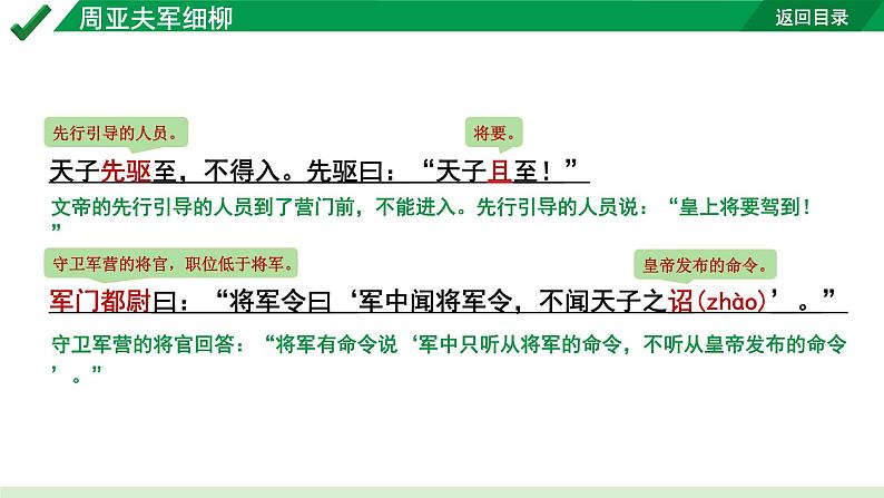 2024成都语文中考试题研究备考 古诗文阅读 专题一 文言文阅读 周亚夫军细柳“三行对译” （讲）【课件】第7页