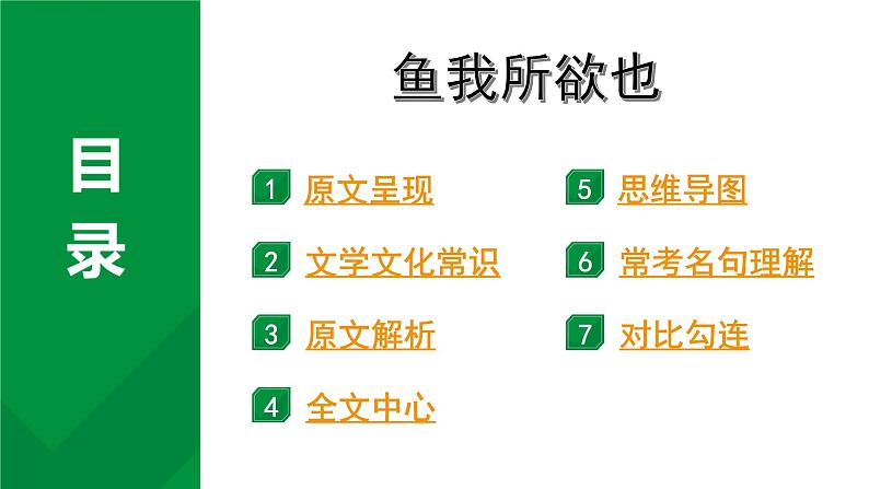 2024成都语文中考试题研究备考 古诗文阅读 专题一 文言文阅读 鱼我所欲也“三行对译” （讲）【课件】第1页