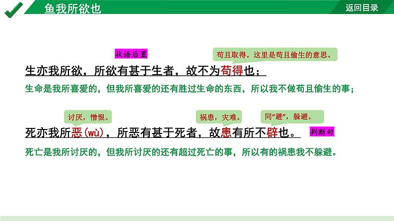 2024成都语文中考试题研究备考 古诗文阅读 专题一 文言文阅读 鱼我所欲也“三行对译” （讲）【课件】第6页