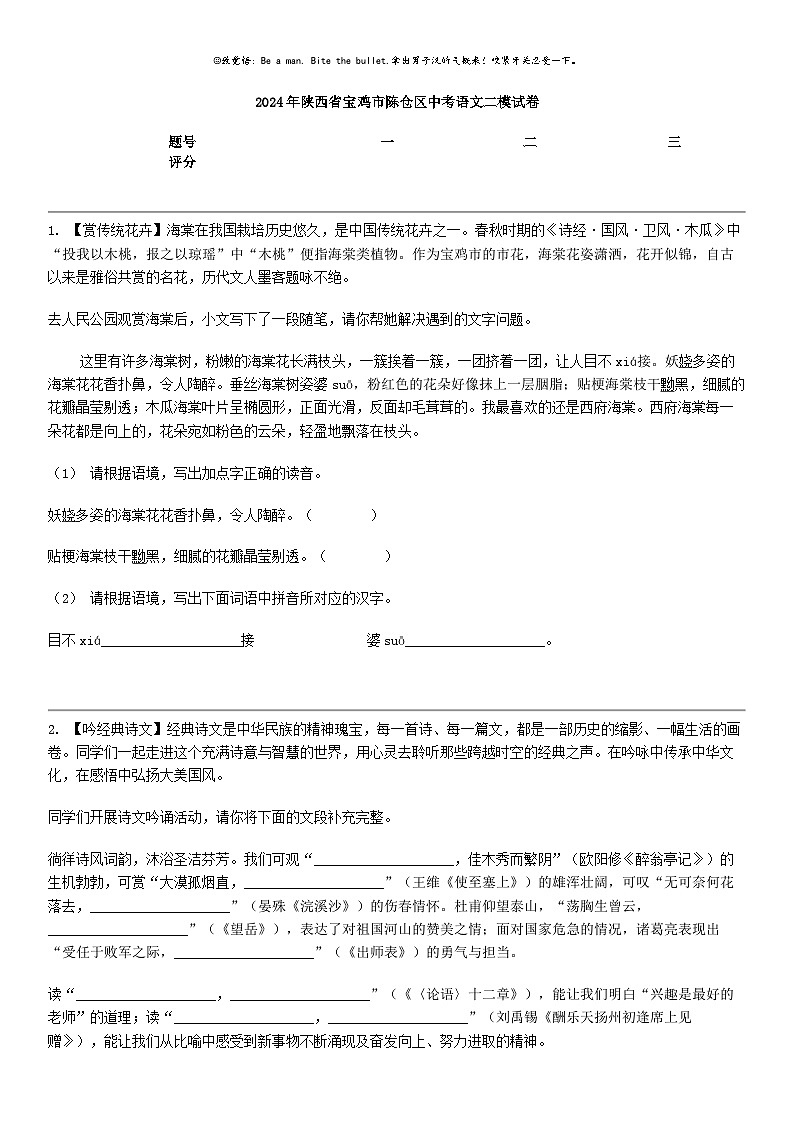 [语文]2024年陕西省宝鸡市陈仓区中考语文二模试卷01