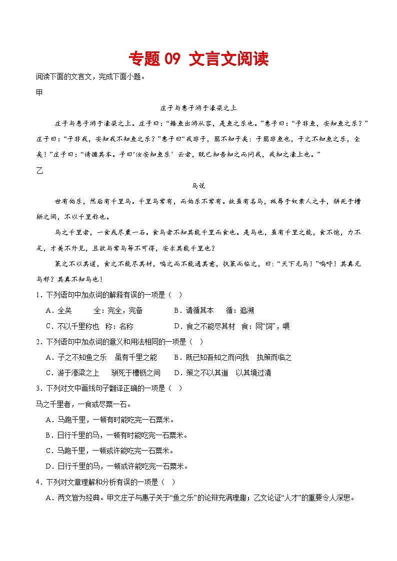 专题09 文言文阅读-2023-2024学年八年级语文下册期末专项复习（全国通用）01