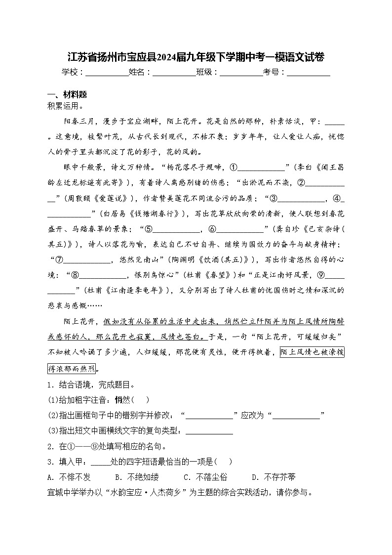 江苏省扬州市宝应县2024届九年级下学期中考一模语文试卷(含答案)01