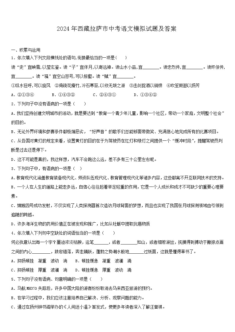 2024年西藏拉萨市中考语文模拟试题及答案01