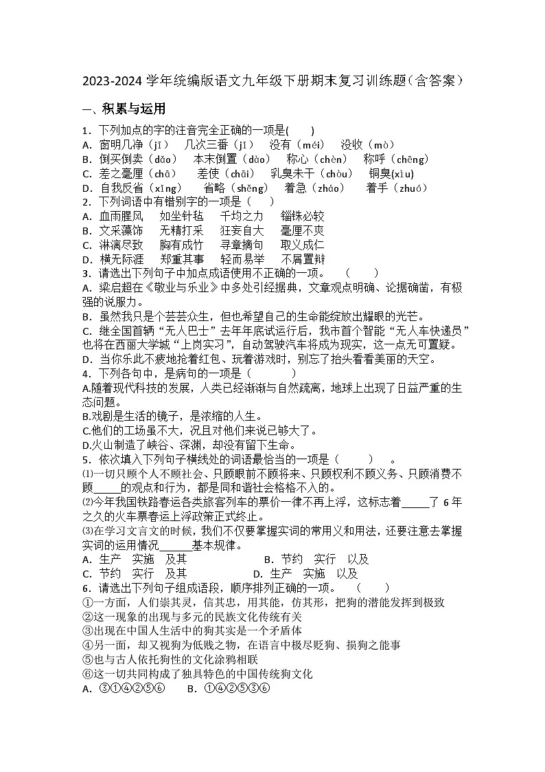 期末复习训练题-2023-2024学年统编版语文九年级下册01