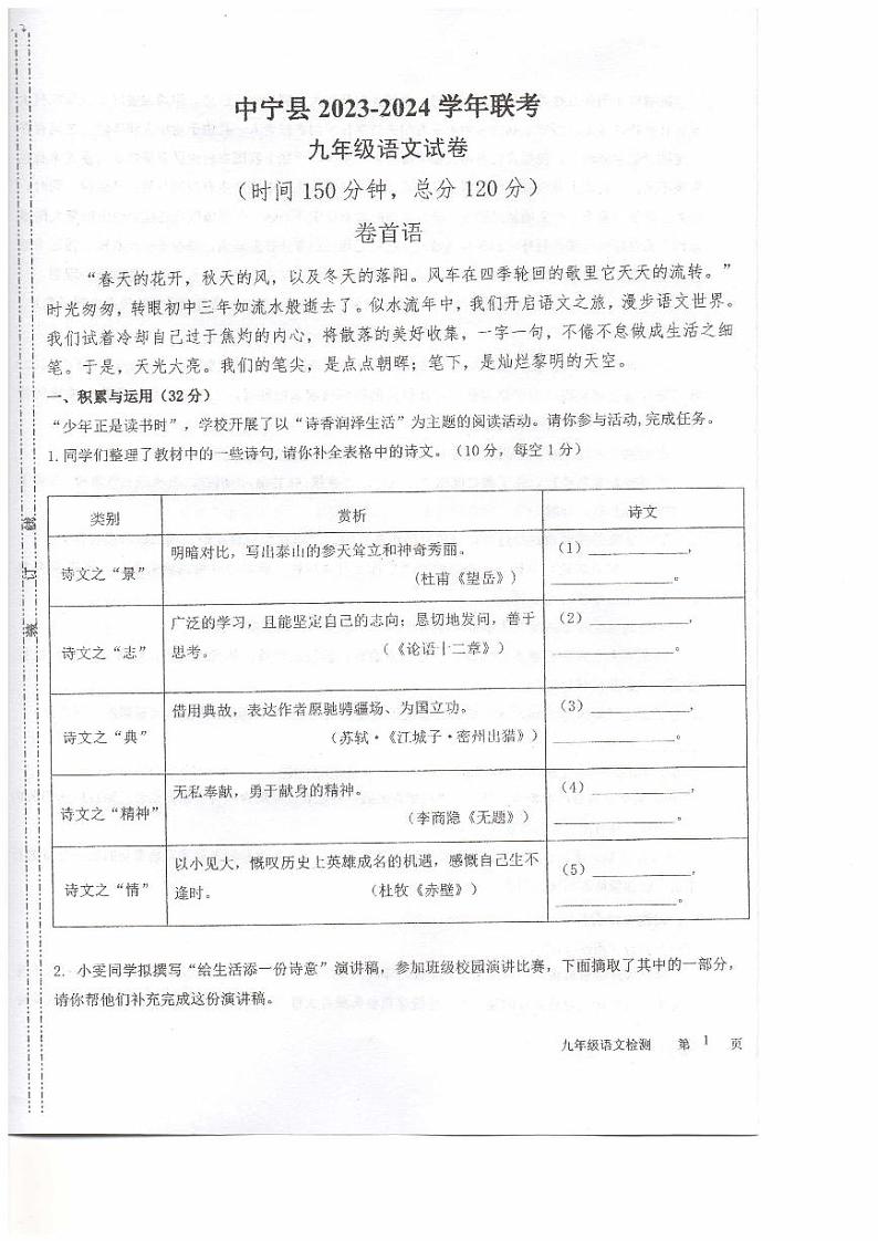2024年宁夏回族自治区中卫市中宁县中考模拟预测联考语文试题01