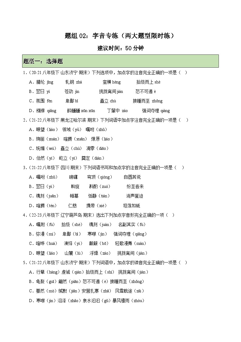 题组02：字音专练（两大题型限时练）-2023-2024学年八年级语文下学期期末复习题组训练（全国通用）01
