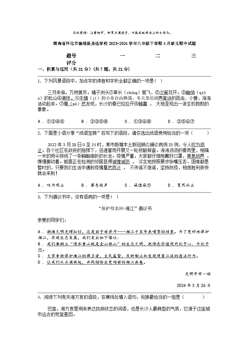 [语文]湖南省怀化市溆浦县圣达学校2023-2024学年八年级下学期4月期中试题01