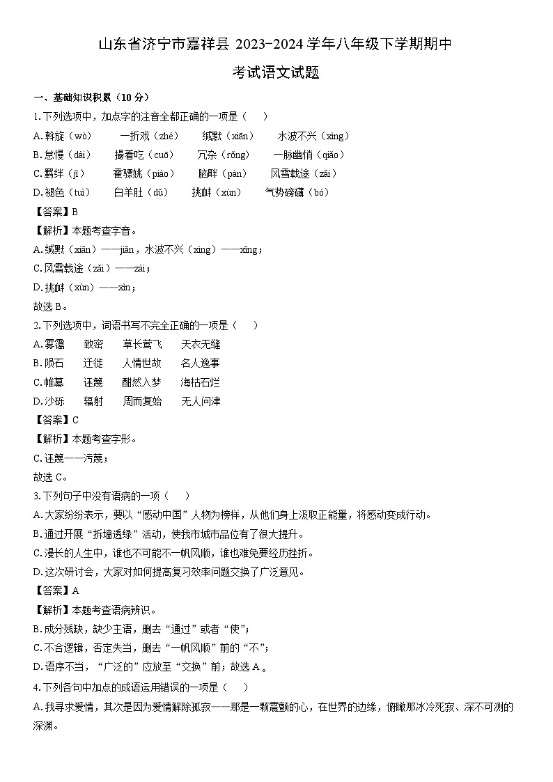 [语文]山东省济宁市嘉祥县2023-2024学年八年级下学期期中考试试题（解析版）第1页