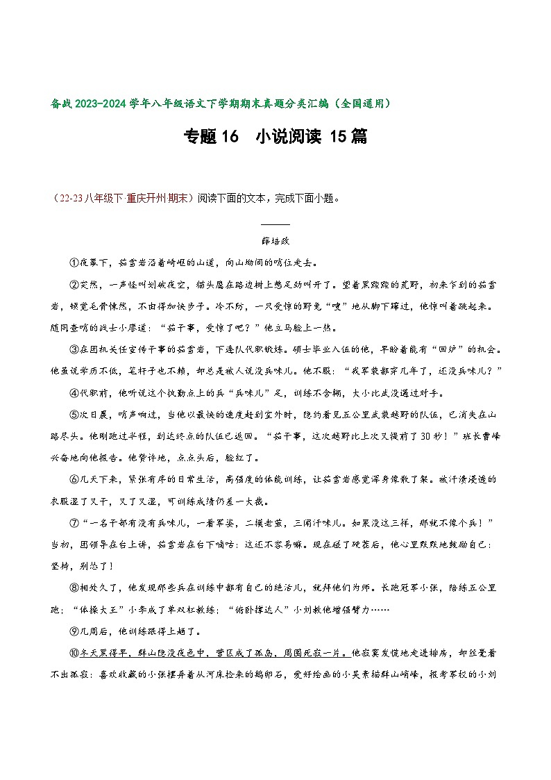 专题16 小说阅读60题-【好题汇编】备战2023-2024学年八年级语文下学期期末真题分类汇编（全国通用）01