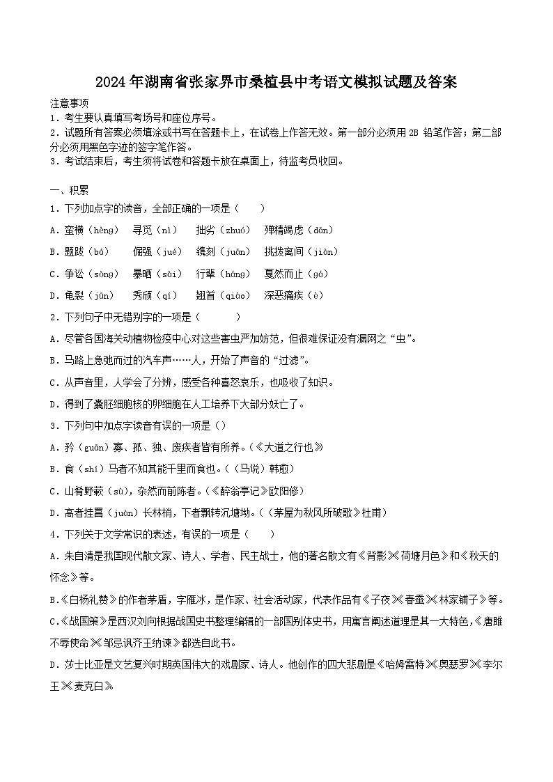2024年湖南省张家界市桑植县中考语文模拟试题及答案01