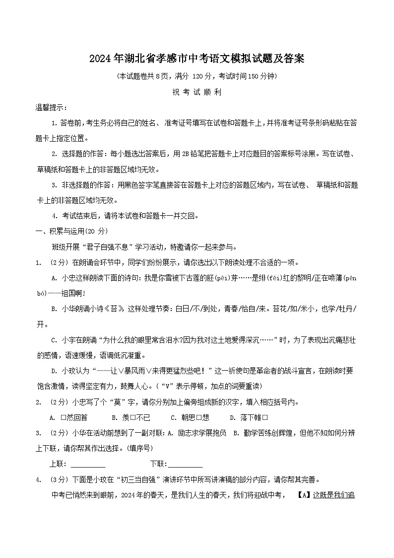 2024年湖北省孝感市中考语文模拟试题及答案第1页