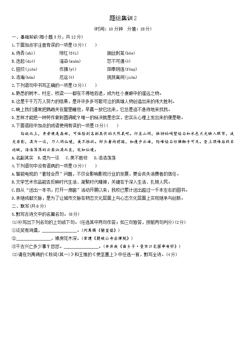 2024成都中考语文复习专题 基础知识&默写题组集训  (含答案)第2页