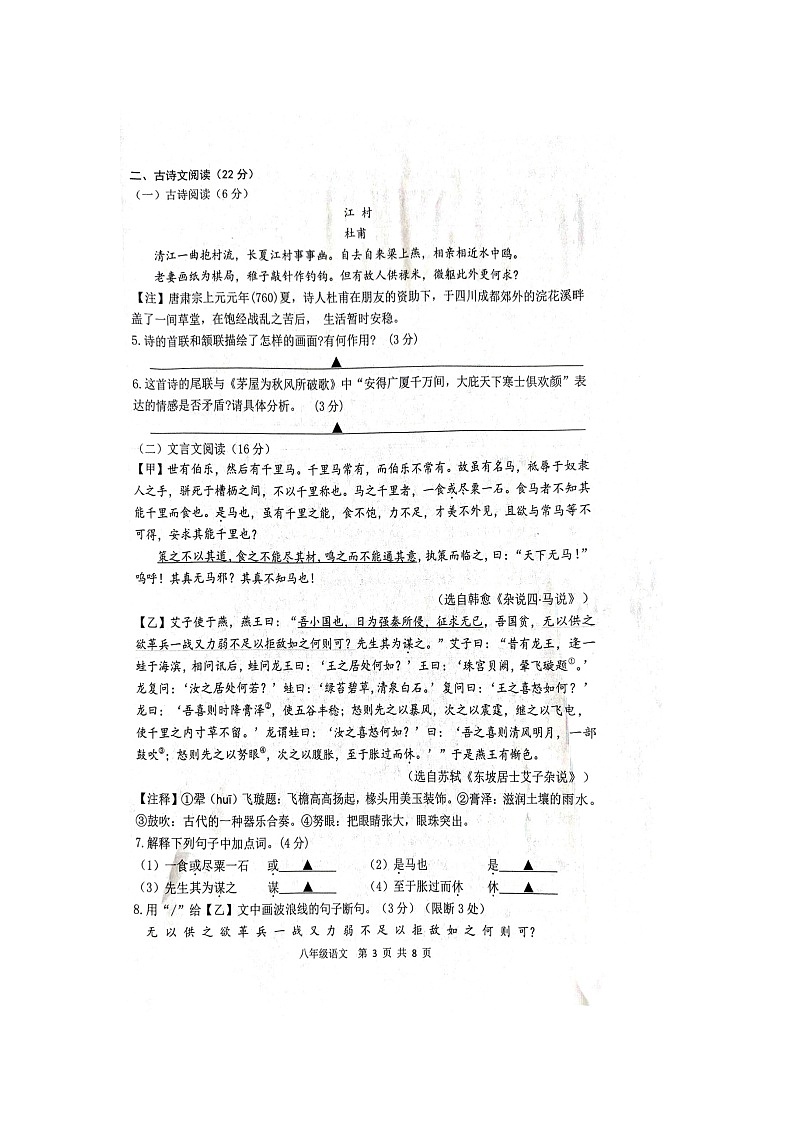 江苏省宿迁市宿豫区2023-2024学年八年级下学期期末语文试题第3页