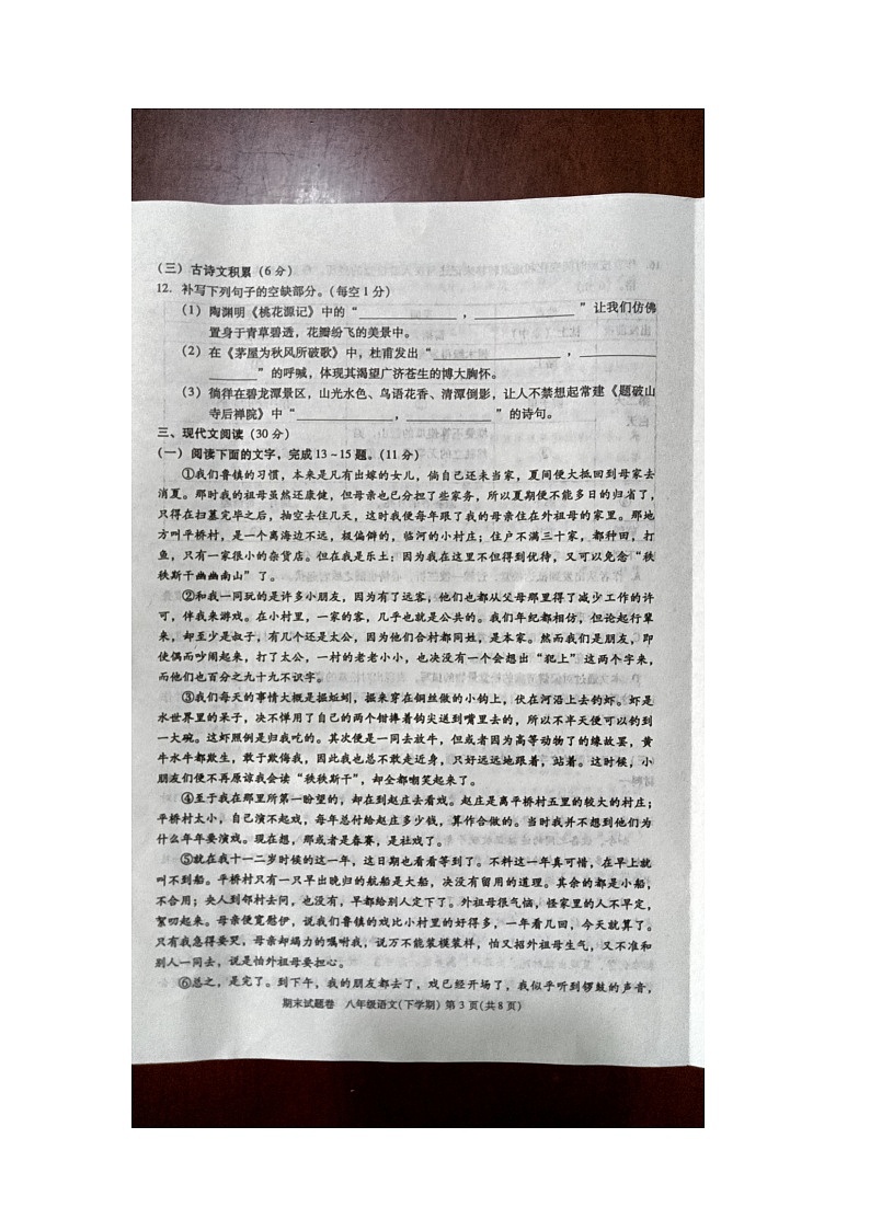 江西省九江市2023-2024学年八年级下学期6月期末语文试题第3页