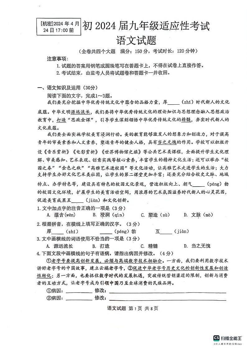 2024年重庆市九龙坡区中考适应性考试语文试题01