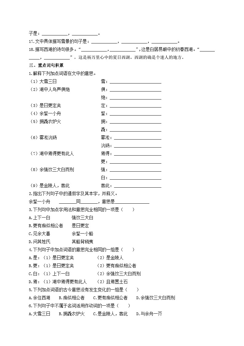 3.《湖心亭看雪》考点集训1-2024-2025学年九年级语文课内文言文考点精讲集训专项练习（含解析）第2页