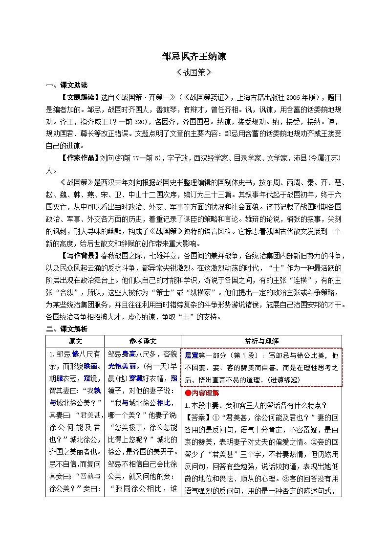 8.《邹忌讽齐王纳谏》考点精讲-2024-2025学年九年级语文课内文言文考点精讲集训专项练习（含解析）01