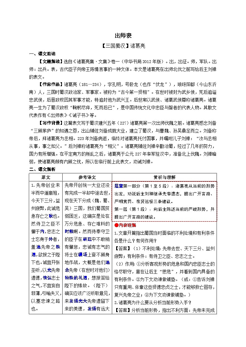 10.《出师表》考点精讲-2024-2025学年九年级语文课内文言文考点精讲集训专项练习（含解析）01