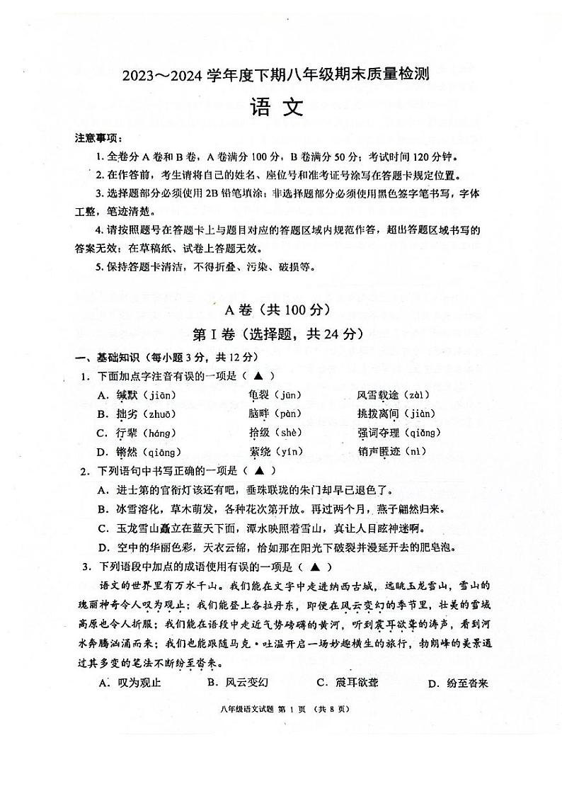 四川省成都市金堂县2023-2024学年八年级下学期期末考试语文试题01
