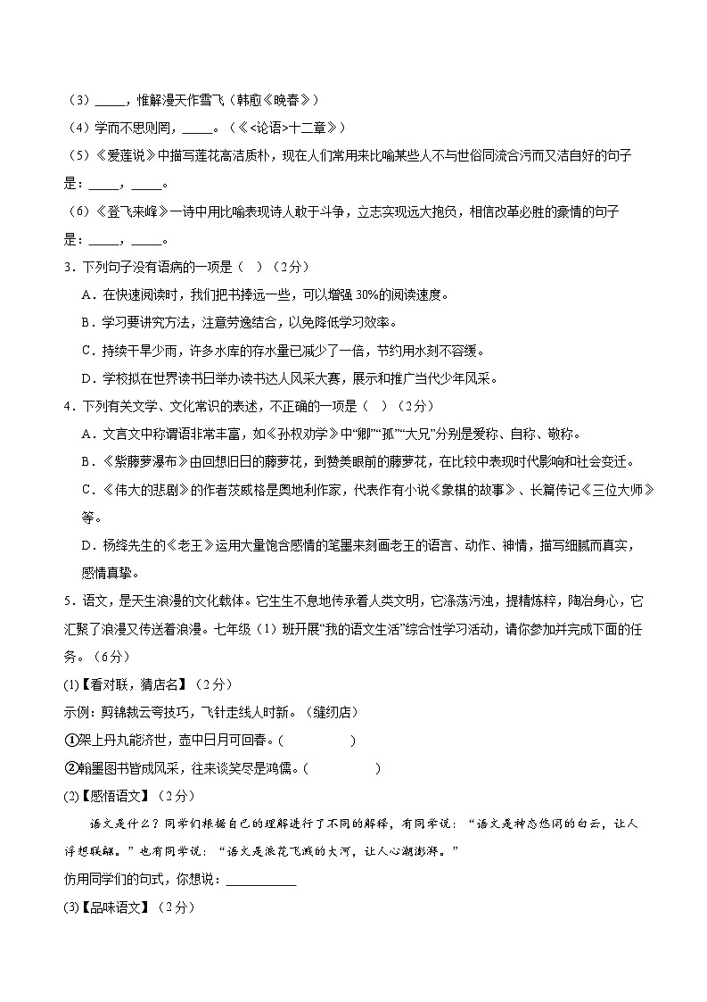 暑期作业11：综合测试卷-【暑假分层作业】2024年七年级语文暑假培优练（统编版）（原卷版）第2页