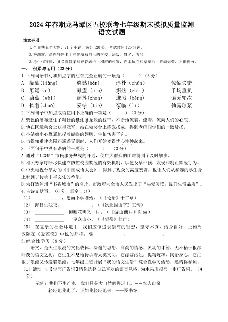 [语文]四川省泸州市龙马潭区五校2023～2024学年七年级下学期6月月考语文试题(有答案)01