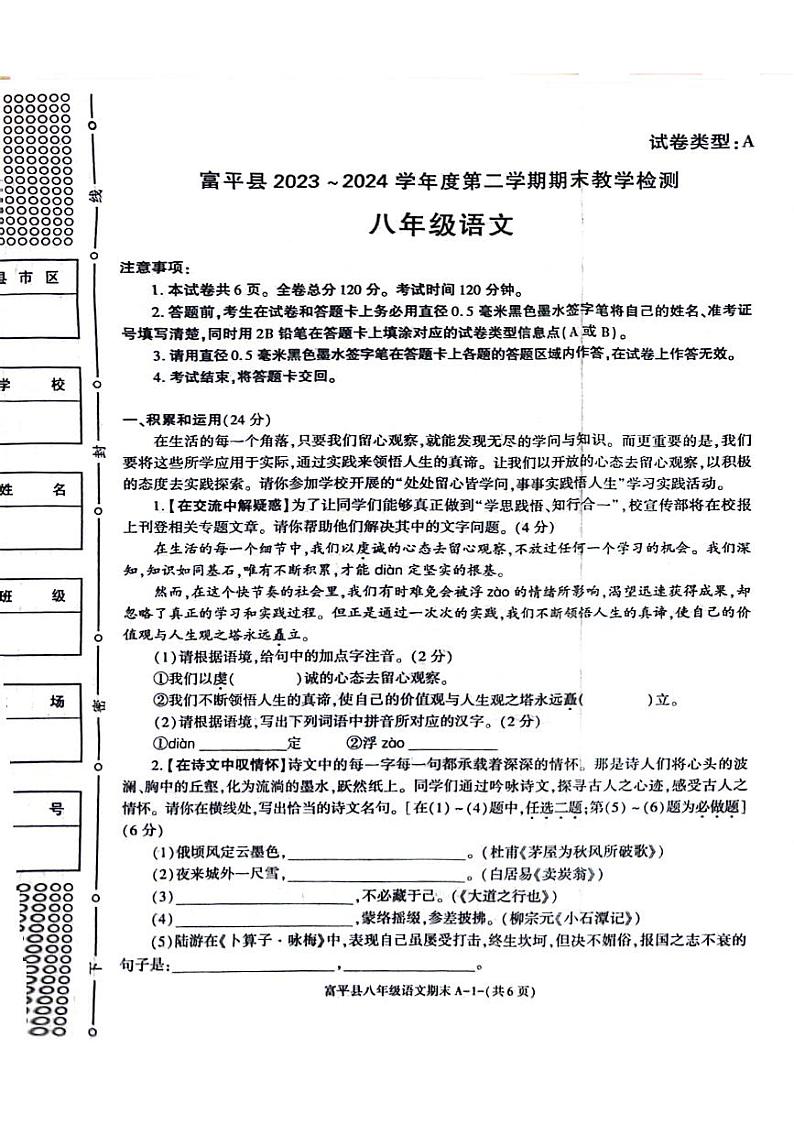 陕西省西安市富平县2023-2024学年八年级下学期期末语文试卷01