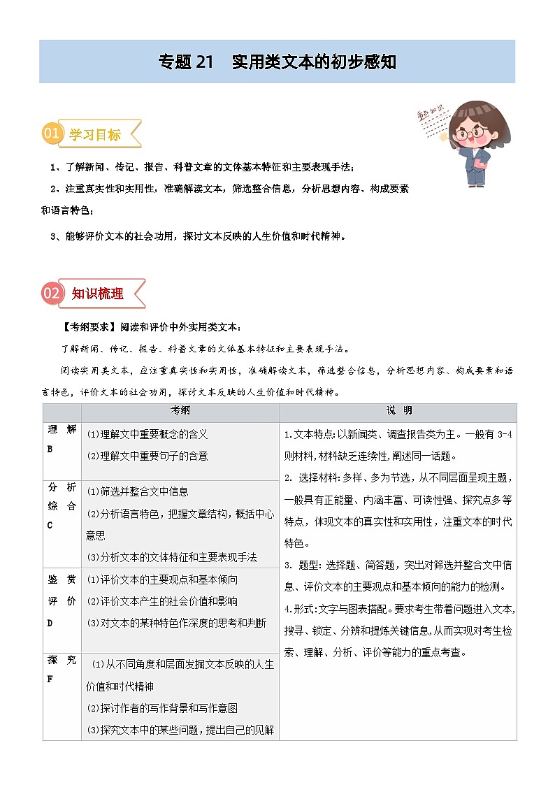 专题21  拓展讲义：实用类文本的初步感知-初升高语文暑假衔接（教师版+学生版）01