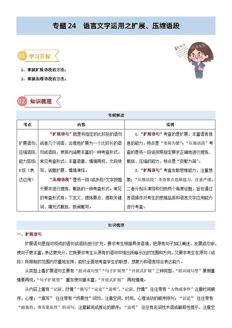 专题24  拓展讲义：语言文字运用之扩展、压缩语段-初升高语文暑假衔接（教师版+学生版）01