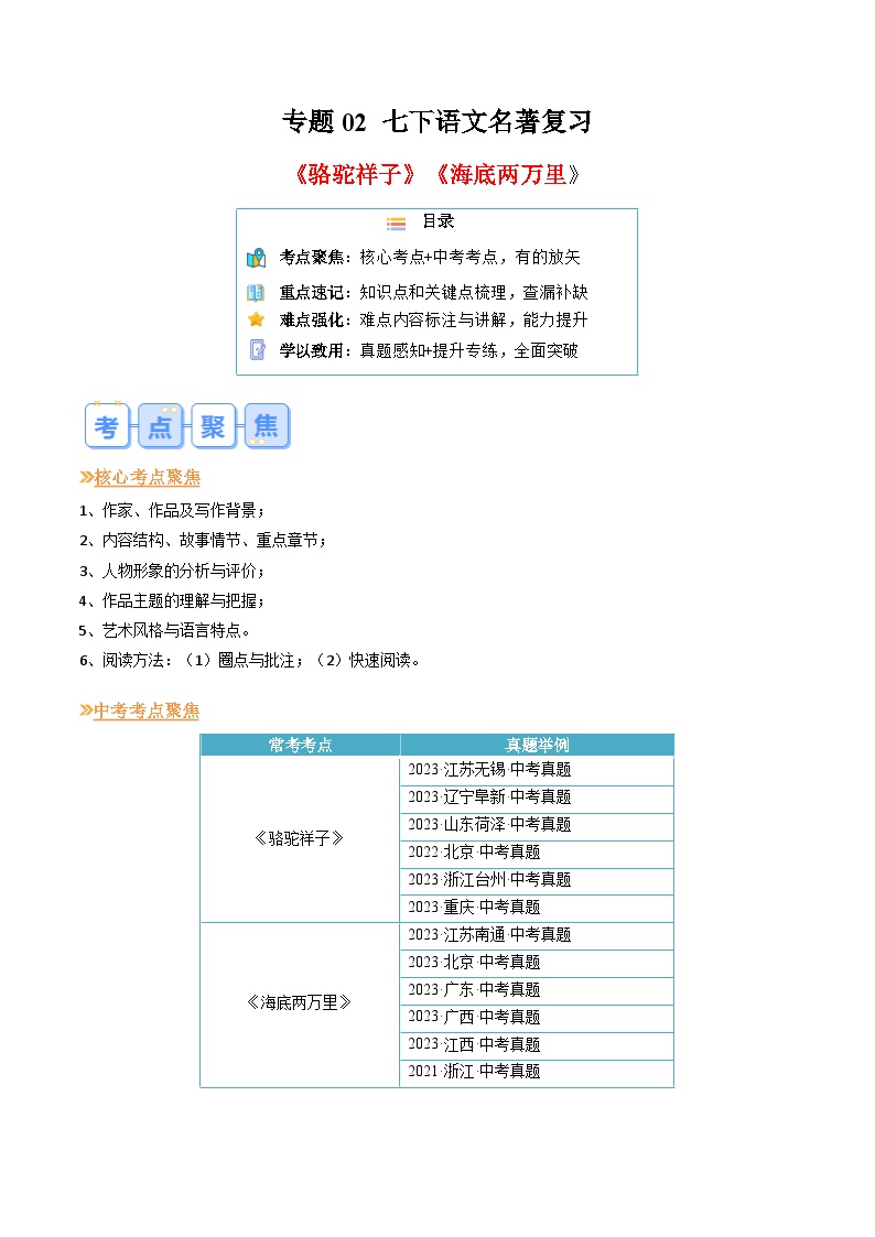 暑期复习 专题02 名著（教师版）-人教版初中语文七年级（七升八）
