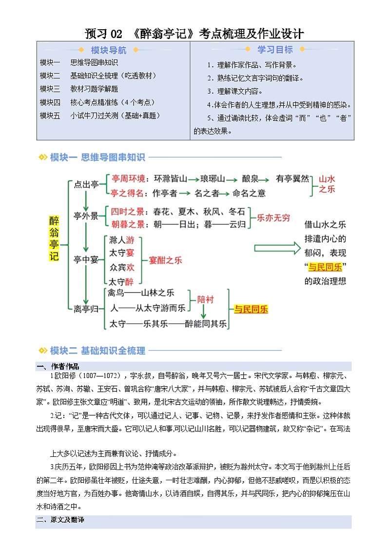 暑期预习 第02讲 《醉翁亭记》-统编版初中语文八年级（八升九）（教师版+学生版）01