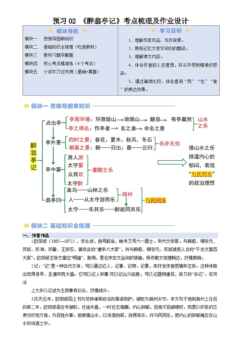 暑期预习 第02讲 《醉翁亭记》-统编版初中语文八年级（八升九）（教师版+学生版）01