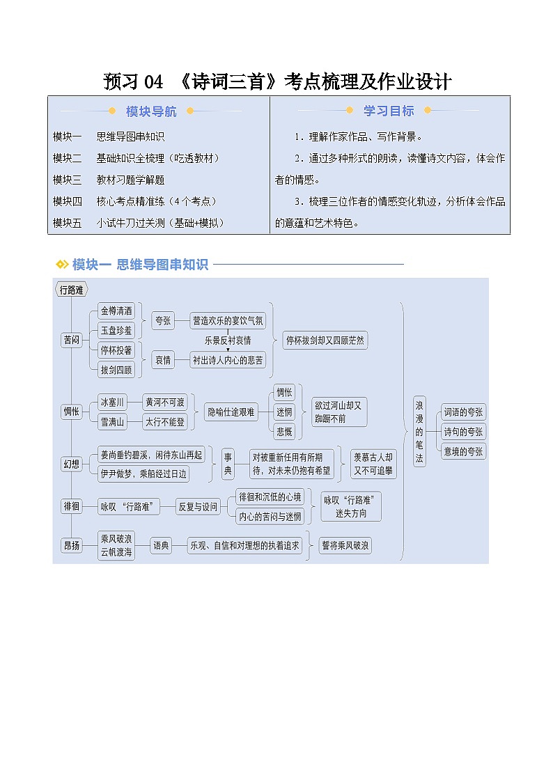 暑期预习 第04讲 《诗词三首》-统编版初中语文八年级（八升九）（教师版+学生版）01