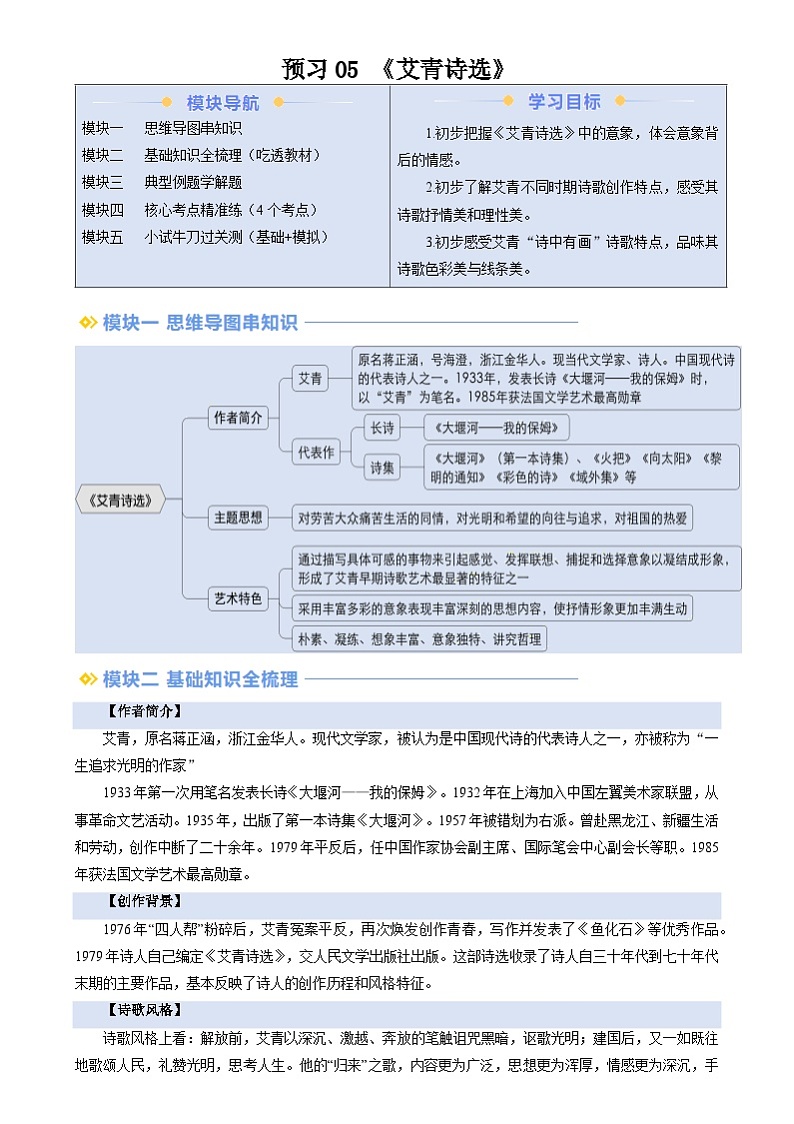 暑期预习 第05讲 整本书阅读《艾青诗选》（教师版）-统编版初中语文八年级（八升九）第1页