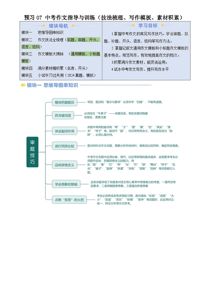 暑期预习 第07讲 中考作文指导与训练（技法梳理、写作模板、素材积累）-统编版初中语文八年级（八升九）（教师版+学生版）01