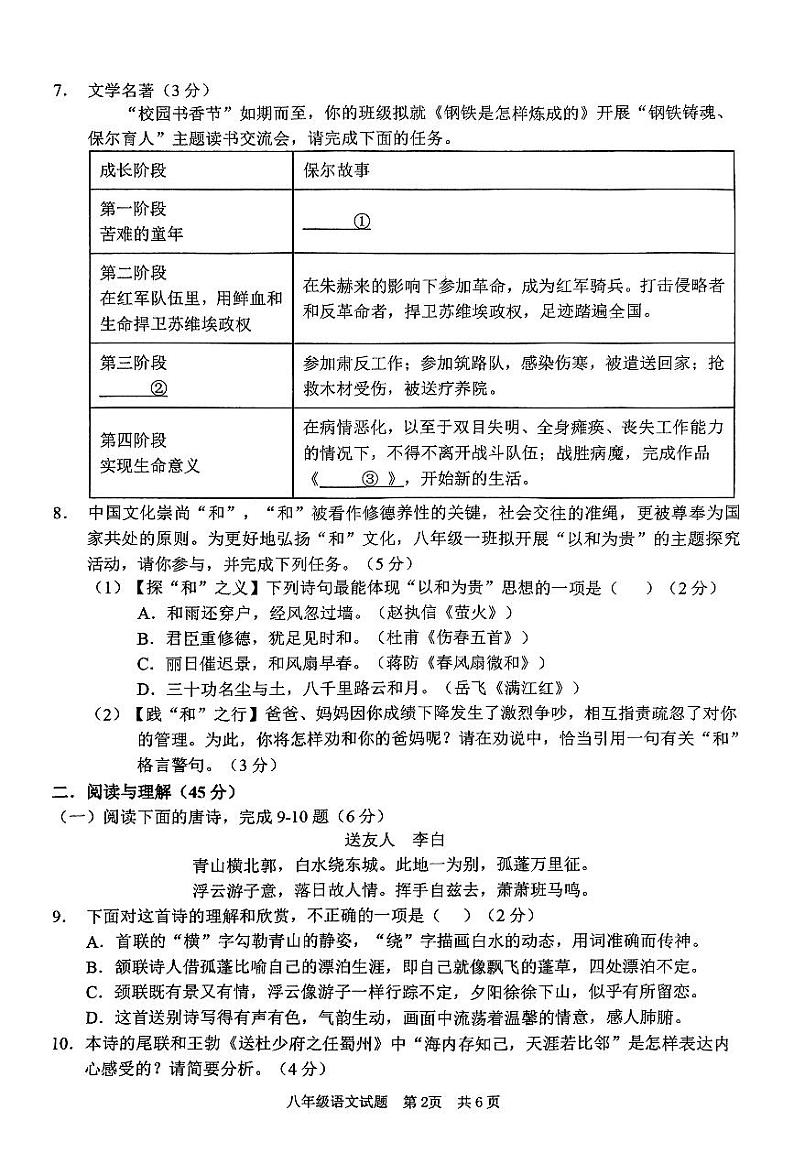 山东省枣庄市峄城区2023—2024学年度八年级下学期期末质量检测语文试题第2页