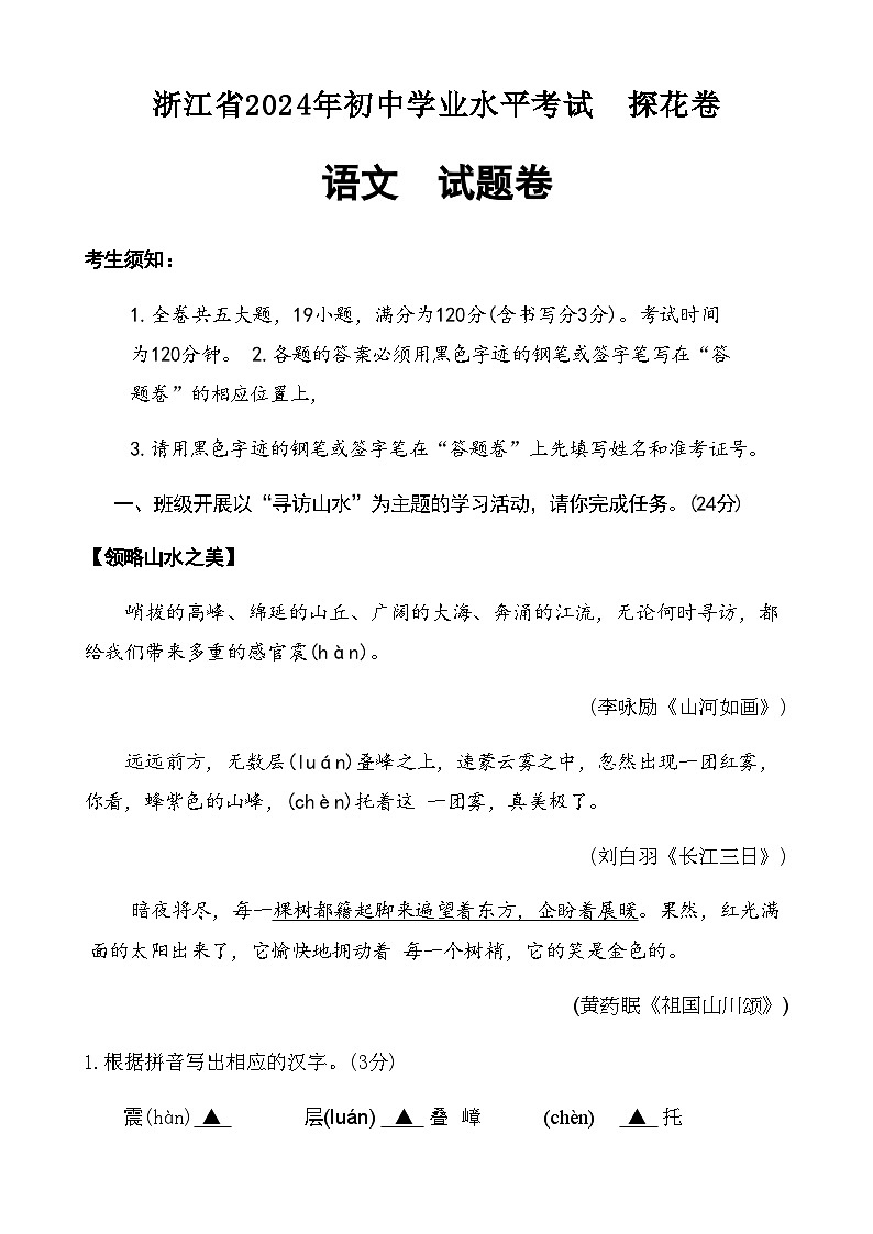 2024年浙江省初中学业水平考试探花卷语文试题（含答案）第1页