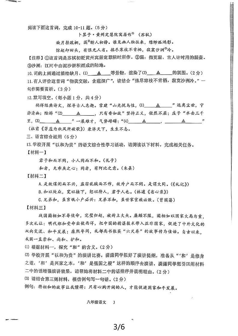 山东省济宁市嘉祥县2023-2024学年八年级下学期期末学业水平测试语文试题03