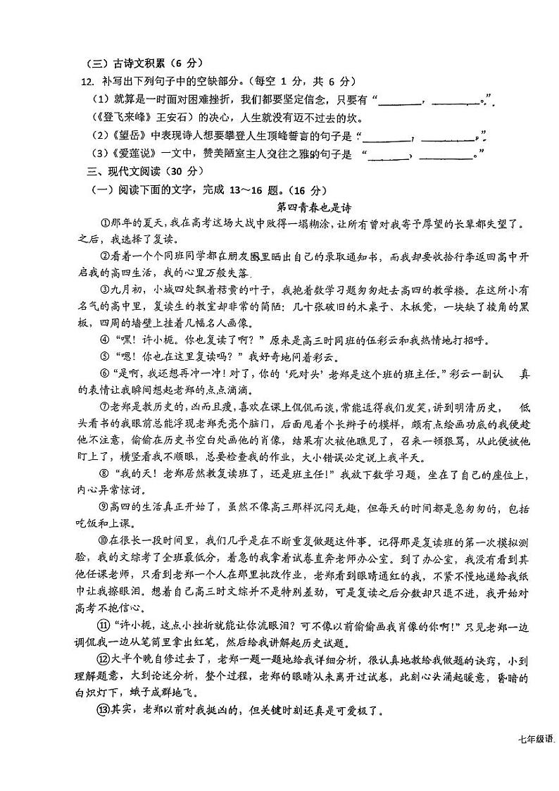 江西省赣州市定南县2023—2024学年七年级下学期期末考试语文试题第3页