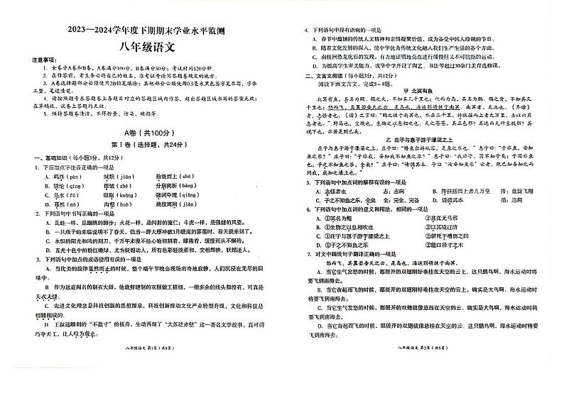 四川省成都市成华区2023-2024学年八年级下学期期末语文试卷第1页