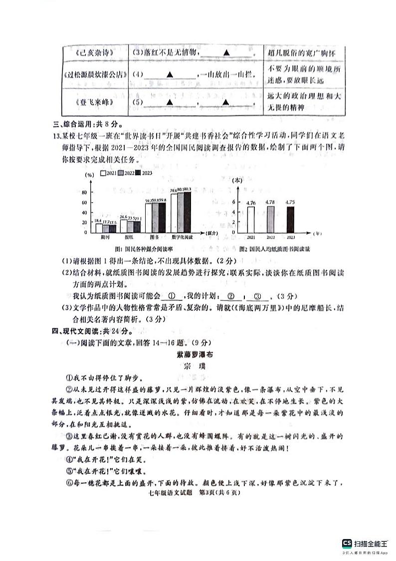 山东省曲阜市2023—2024学年七年级下学期期末语文试卷第3页